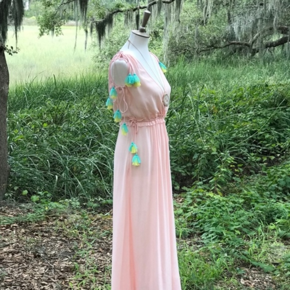 America & Beyond NWT Peach Maxi Dress W/ Mint + Yellow Tassel Tie Waist